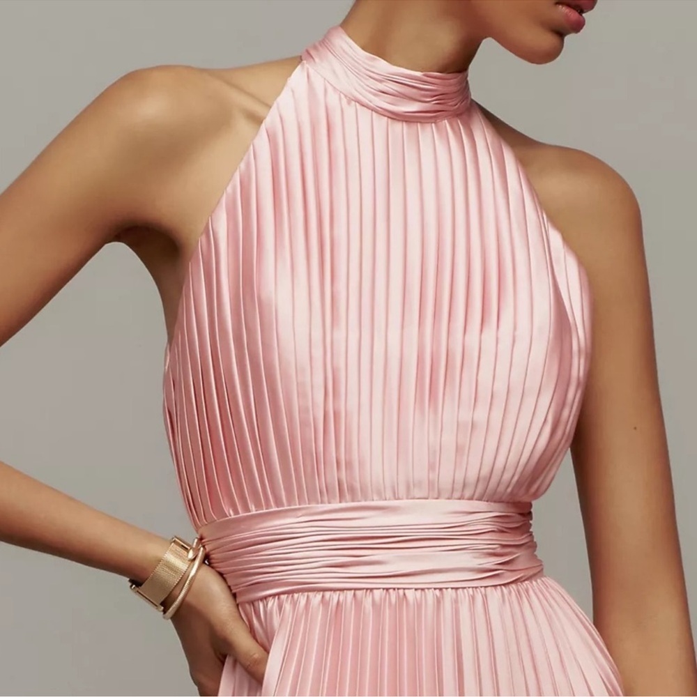 ANTHROPOLOGIE Mac Duggal Pink Pleated Satin Halter Maxi Dress Gown 8 NWT Formal - Picture 4 of 12